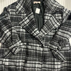Free People Monochrome Plaid Pea Coat